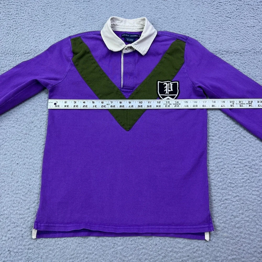 Ralph Lauren Rugby Shirt Youth M Shirt‎ Long Sleeve Purple V Stripe Patch Logo